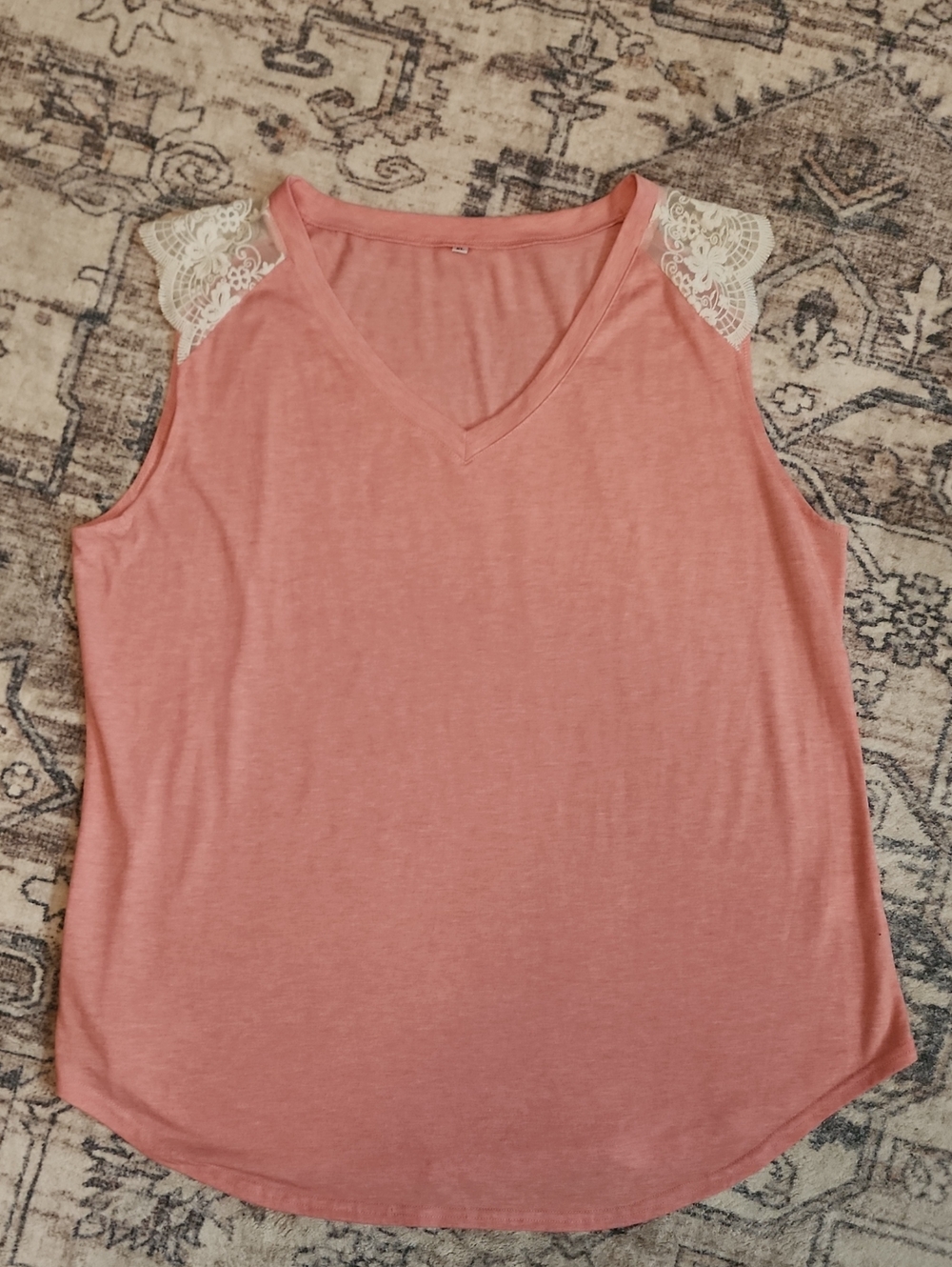 Women’s XL V-Neck Lace Shoulder Tank Top - Light Pinkish Coral